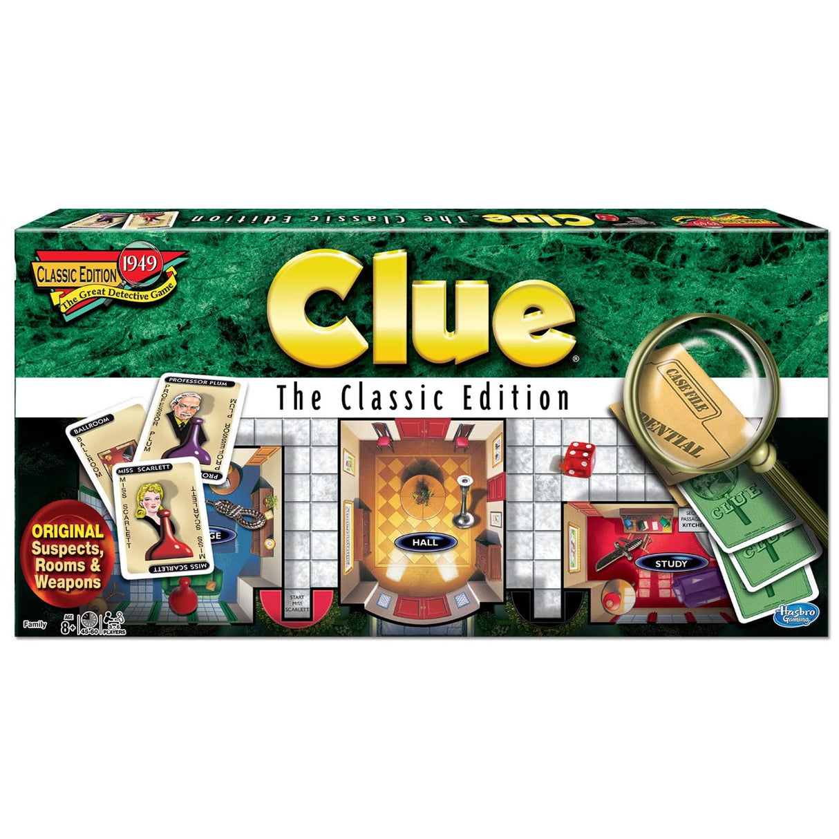 Clue Classic Edition board game box showing suspect cards, gameboard sections, and a magnifying glass on a green background.