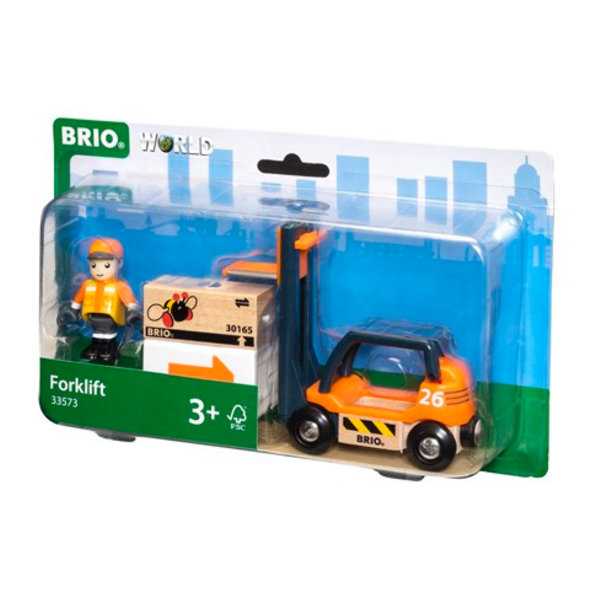 Forklift toy with a poseable worker figure, lifting cargo boxes, perfect for imaginative play ages 3 and up.