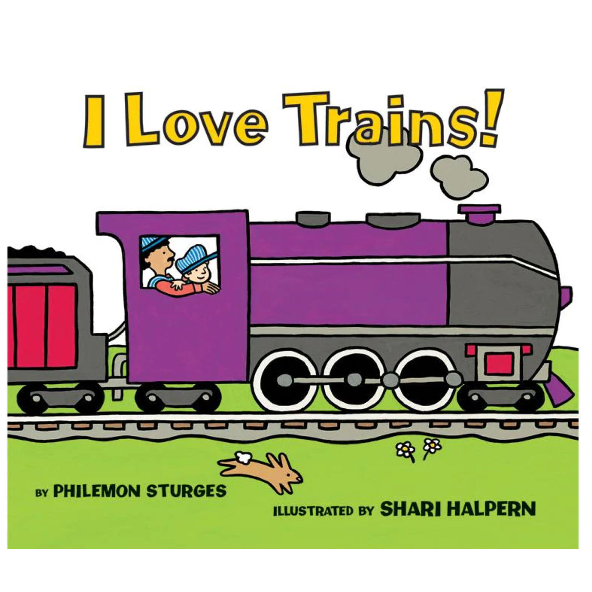 I Love Trains book cover with colorful train illustration and two children enjoying the ride on a green track.