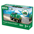 Battery-Powered Freight Engine by BRIO on wooden tracks with headlights, reversible motion for kids ages 3 and up.