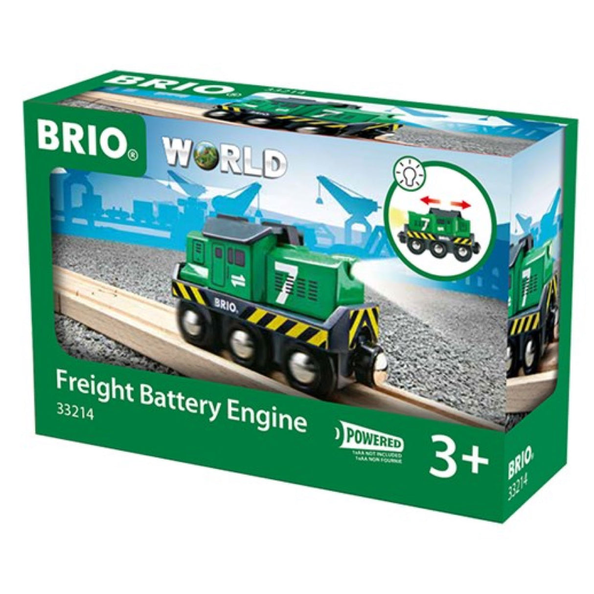 Battery-Powered Freight Engine by BRIO on wooden tracks with headlights, reversible motion for kids ages 3 and up.