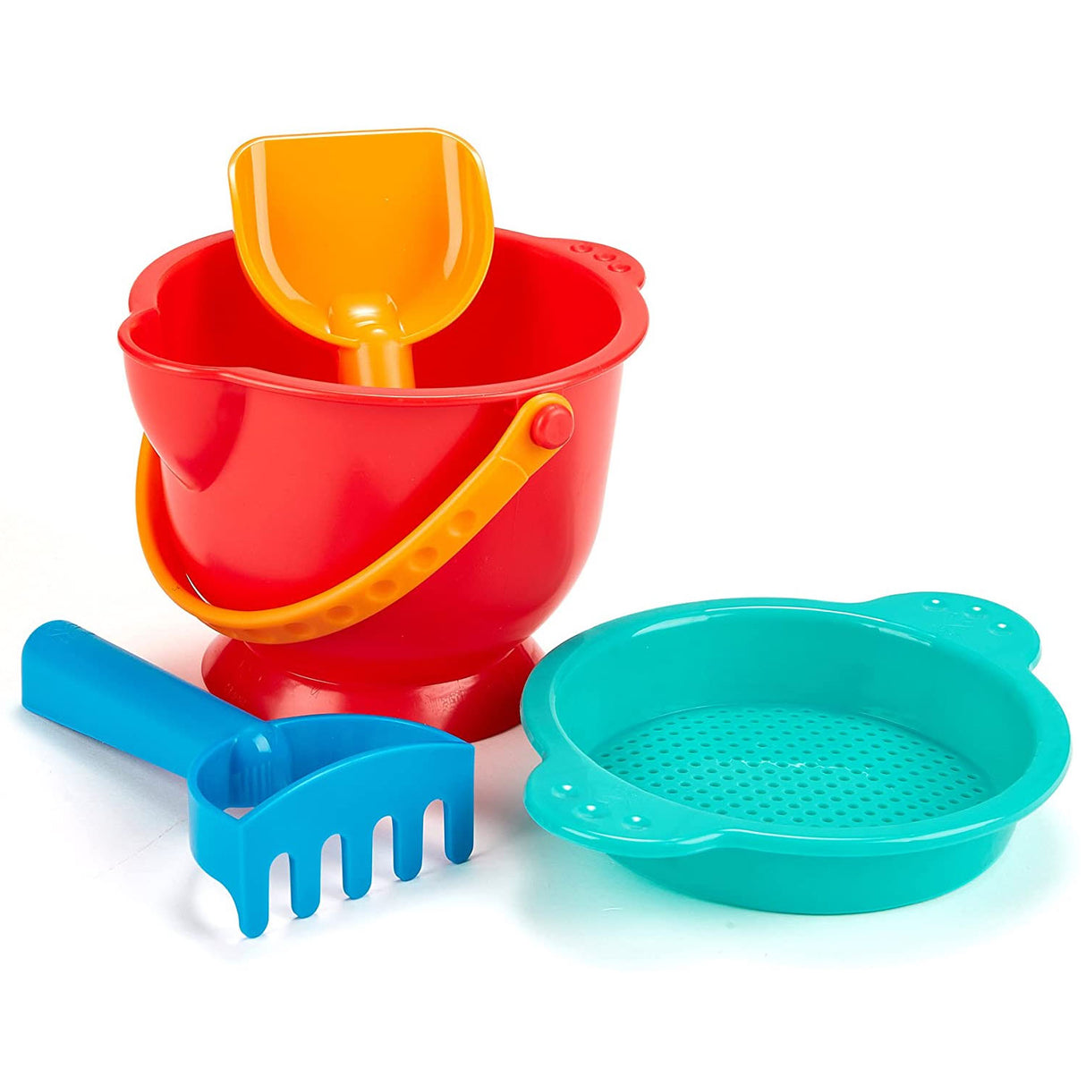 Beach Basics 4pc Set with red bucket, orange shovel, blue rake, and teal sieve for fun sand play.