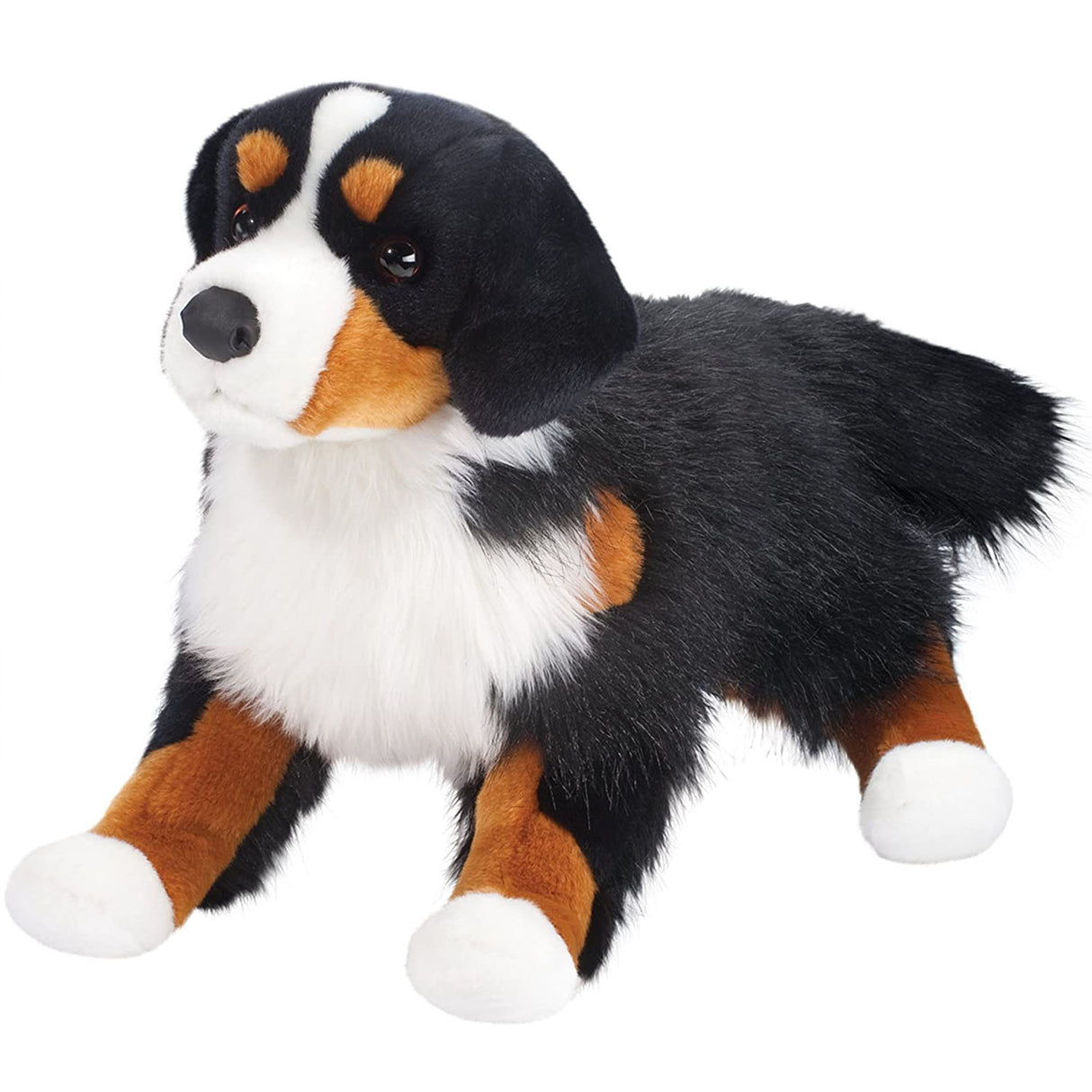 Bernese Mountain Dog Alps plush with tri-colored soft fur, floppy ears, and a lifelike leatherette nose for cuddling.
