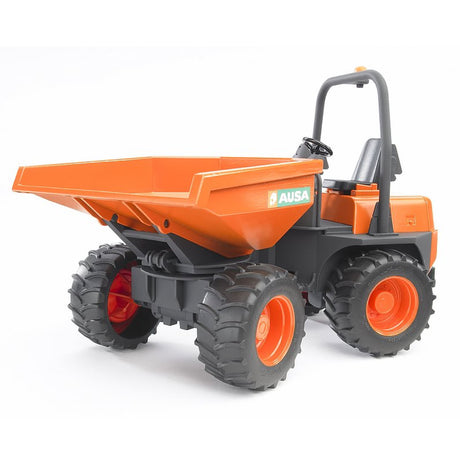 AUSA Minidumper toy with articulated joint steering, large off-road tires, and tipping orange trough for construction play.