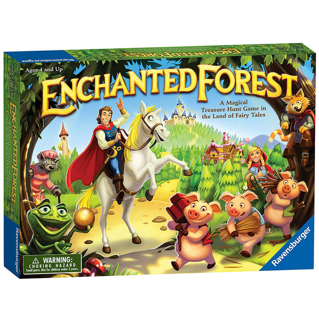 Enchanted Forest board game box featuring fairy tale characters and a magical treasure hunt for families ages 4 and up.
