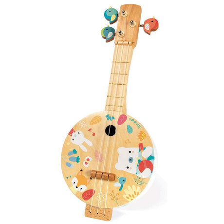 Pure Animal Banjo with bird-shaped tuning keys and cute animal illustrations, perfect for young budding musicians ages 3+