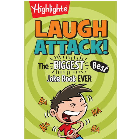 Highlights Laugh Attack! kid's joke book with colorful cover and laughing cartoon character on green background