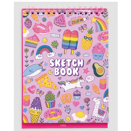 Cute Doodle World Sketchbook with sparkly unicorn and food doodle cover, 8x10 inches acid-free perforated pages.