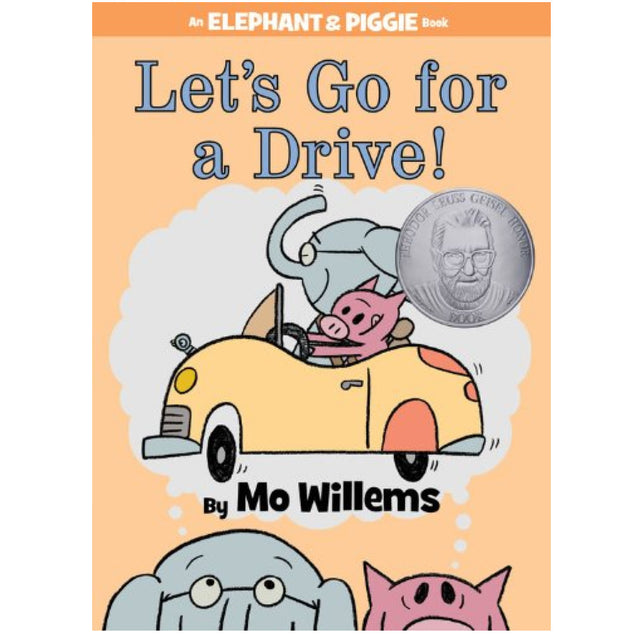Elephant & Piggie Let's Go for A Drive! book cover with Elephant driving yellow car and Piggie smiling inside.
