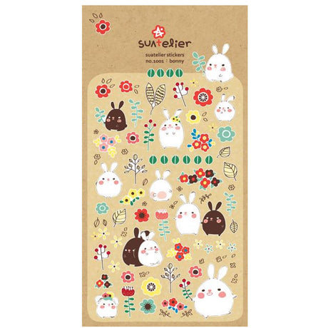 Bonny Bunny Stickers featuring cute bunnies and colorful flowers on a kraft paper background, perfect for kids 3+.
