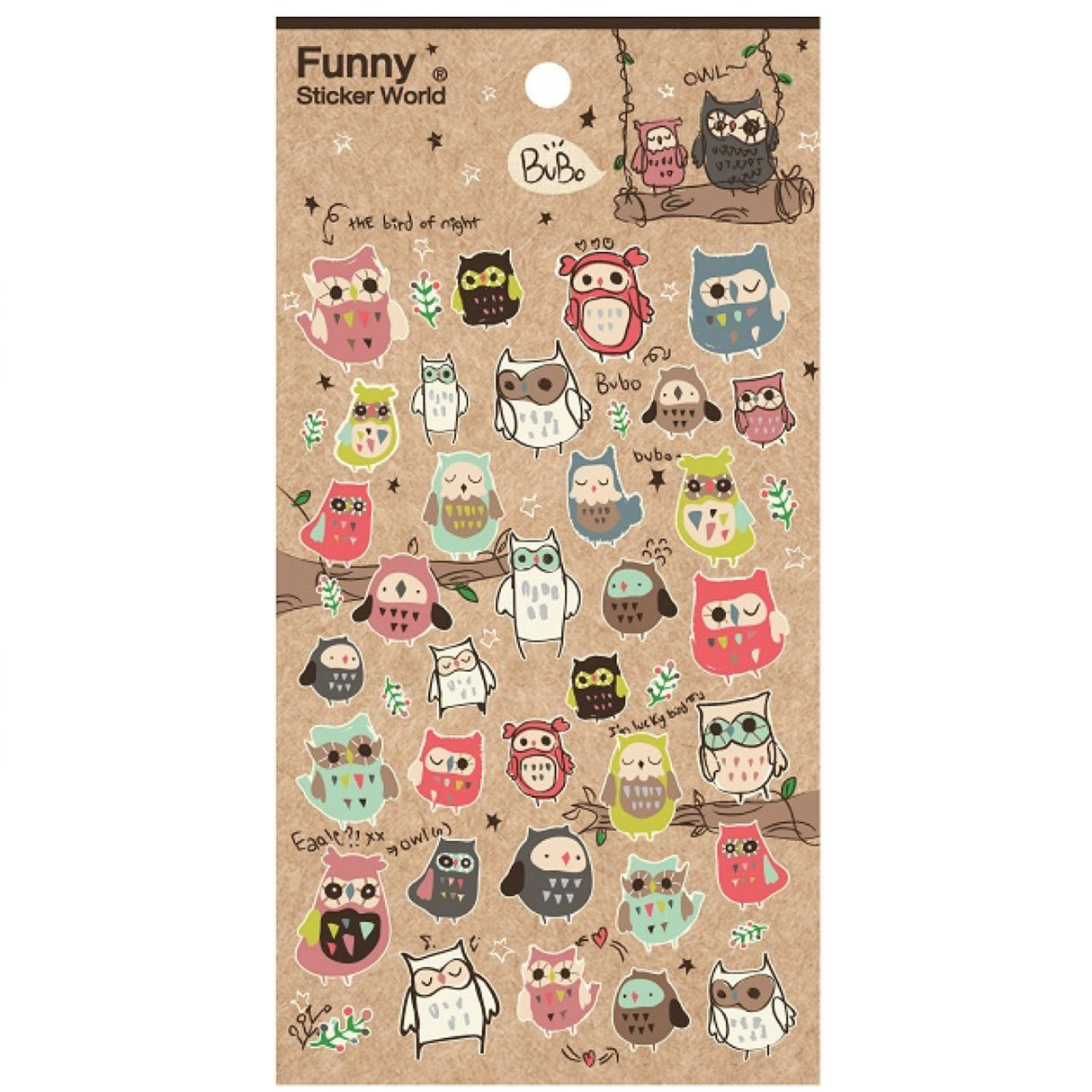 Bubo Owl Stickers featuring colorful, quirky owl designs on a kraft paper background for kids 3+ and above.