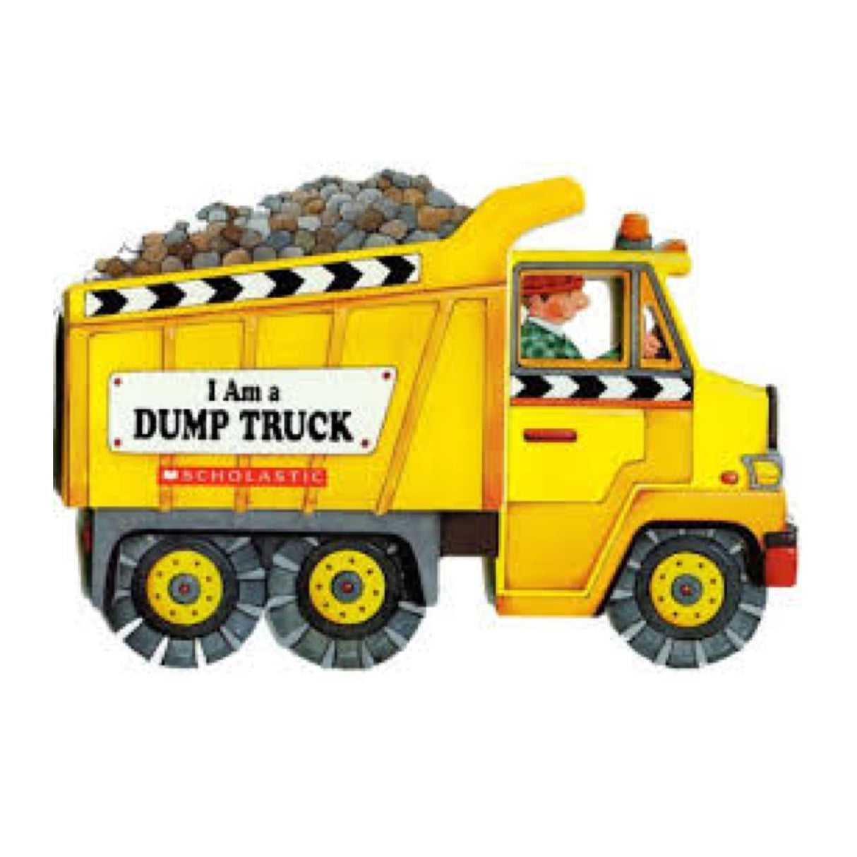 I Am a Dump Truck board book shaped like a yellow dump truck carrying rocks for children ages 3 to 5.