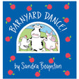 Barnyard Dance! board book cover featuring a cow, pig, and chicken with apples on a blue background.