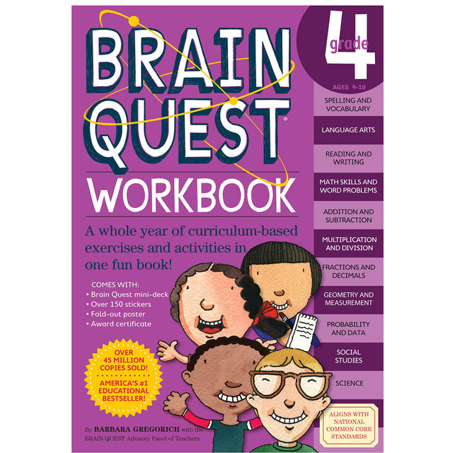 Brain Quest Workbook Grade 4 with curriculum-based exercises, games, and activities for kids ages 9-10 in various subjects.