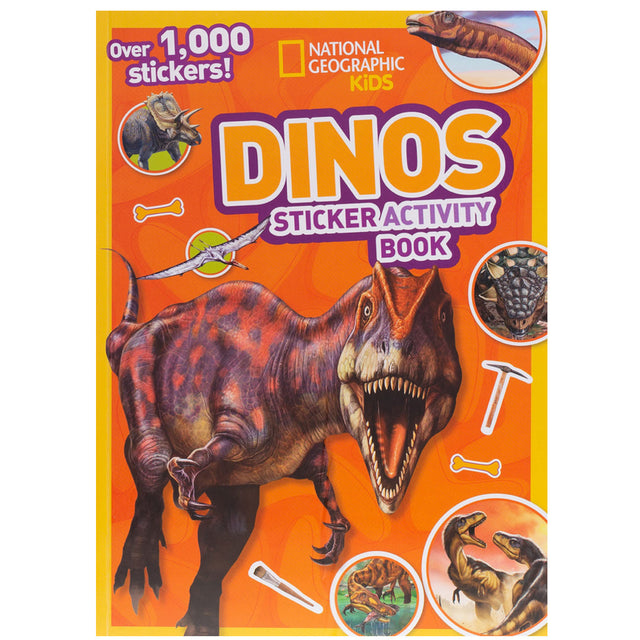 Dinos! Sticker Activity Book cover with T. Rex and dinosaur illustrations promoting over 1,000 stickers.