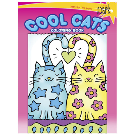 Cover of Cool Cats Coloring Book showing two colorful cats with heart-shaped tails and playful designs on a purple background.