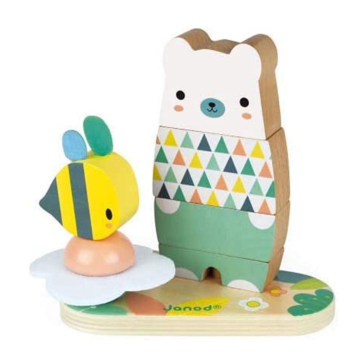 Pure Bear & Bee Stacker wooden toy featuring a bear and bee in soft colors for ages 1+ promoting fun and creativity.