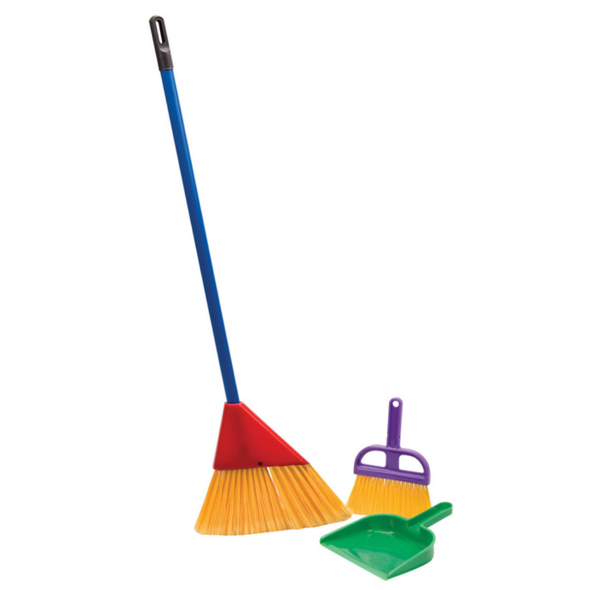 Children's Broom Set with colorful kid-sized broom, hand broom, and dustpan for ages 3 and up, fun cleanup tools.