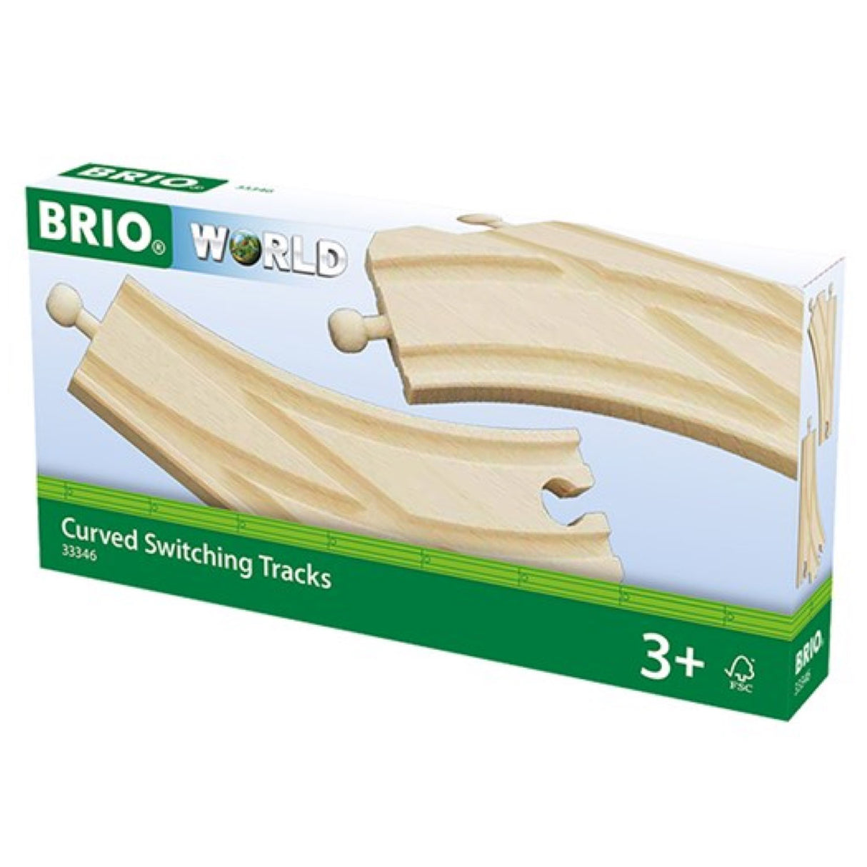 Curved Switching Tracks for extending BRIO railway sets to change direction for more adventure, suitable for ages 3 and up.