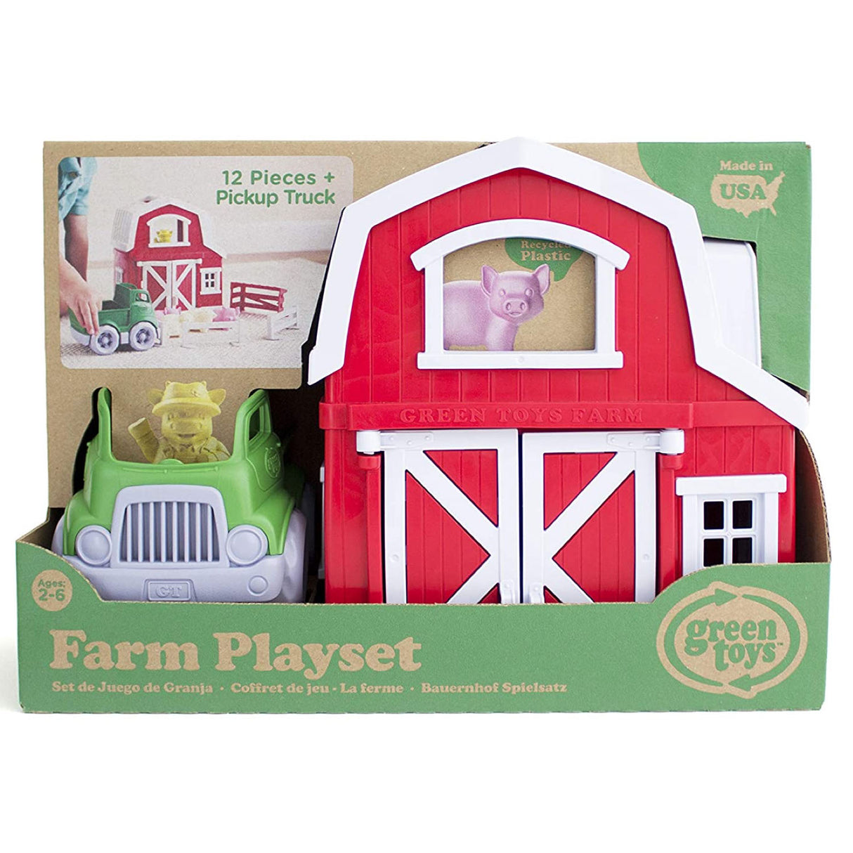 Farm Play Set with barn, pickup truck, pig figure, and fences for imaginative farm-themed play and easy storage.