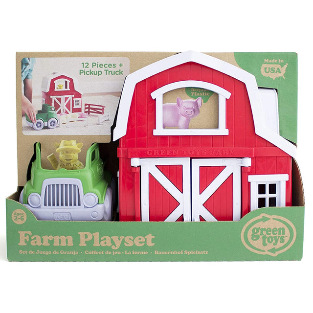 Farm Play Set with barn, pickup truck, pig figure, and fences for imaginative farm-themed play and easy storage.