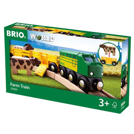 Farm Train wooden toy set with horse, cow, fold-down ramp, and engine for ages 3 and up.