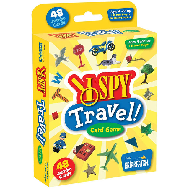 I Spy Travel! Card Game packaging showing 48 jumbo cards with colorful travel-themed illustrations for ages 4 and up.