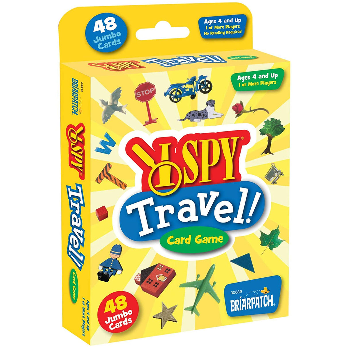 I Spy Travel! Card Game packaging showing 48 jumbo cards with colorful travel-themed illustrations for ages 4 and up.