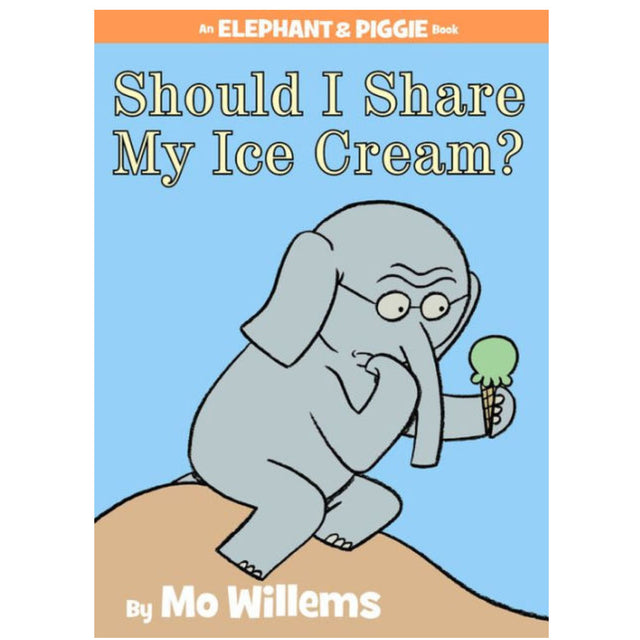 Cover of Elephant & Piggie Should I Share My Ice Cream? showing Gerald the elephant holding an ice cream cone thoughtfully.