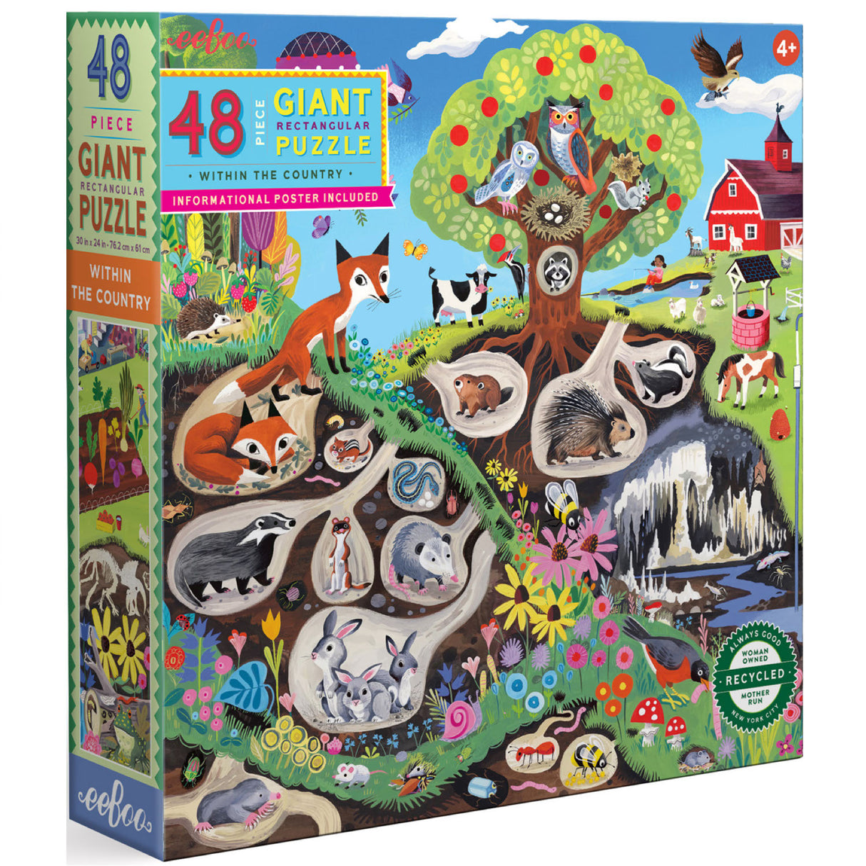 48pc Within the Country puzzle featuring detailed countryside animals, gardens, fossils in a 48-piece giant rectangular design.