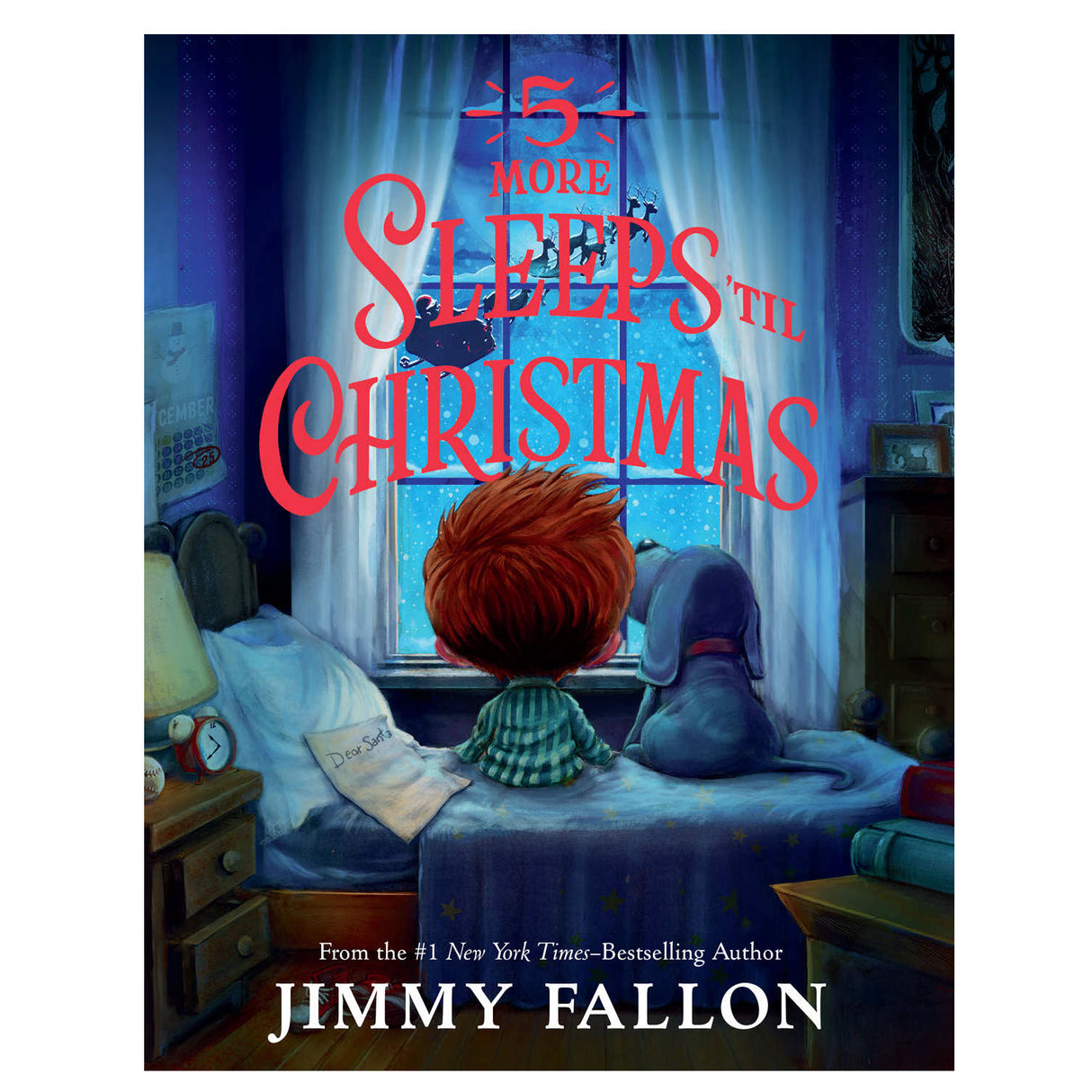 Cover of 5 More Sleeps Til Christmas showing a boy and his dog looking out a window at a snowy night.