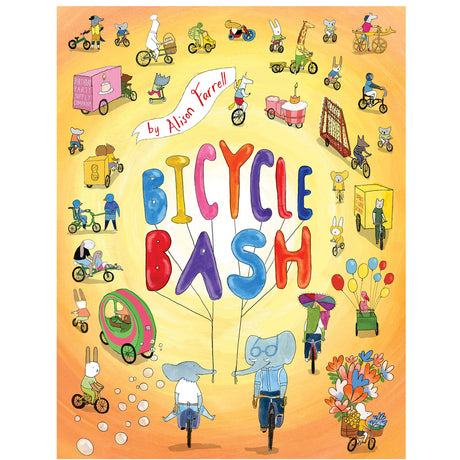 Bicycle Bash cover showing colorful riding animals and whimsical bikes in a lively indoor bicycle celebration scene.