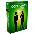 Codenames Duet board game box with silhouettes of two secret agents on green background for cooperative play.