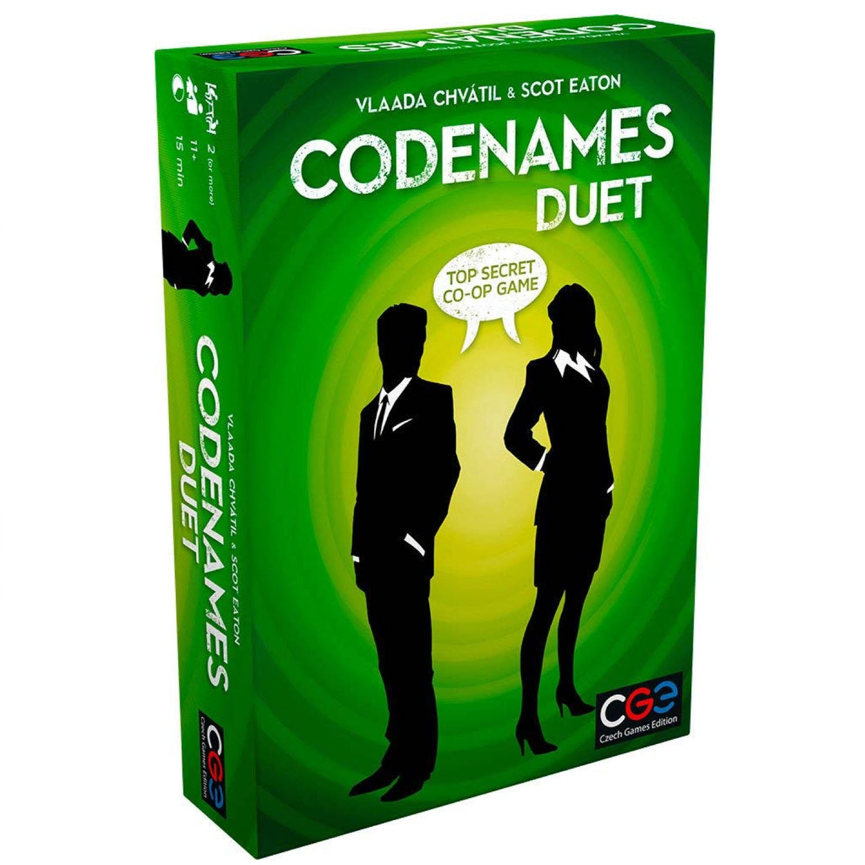Codenames Duet board game box with silhouettes of two secret agents on green background for cooperative play.