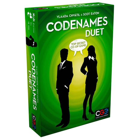Codenames Duet board game box with silhouettes of two secret agents on green background for cooperative play.