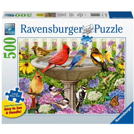 500pc Large Format At the Birdbath Puzzle featuring colorful birds and flowers around a stone birdbath.