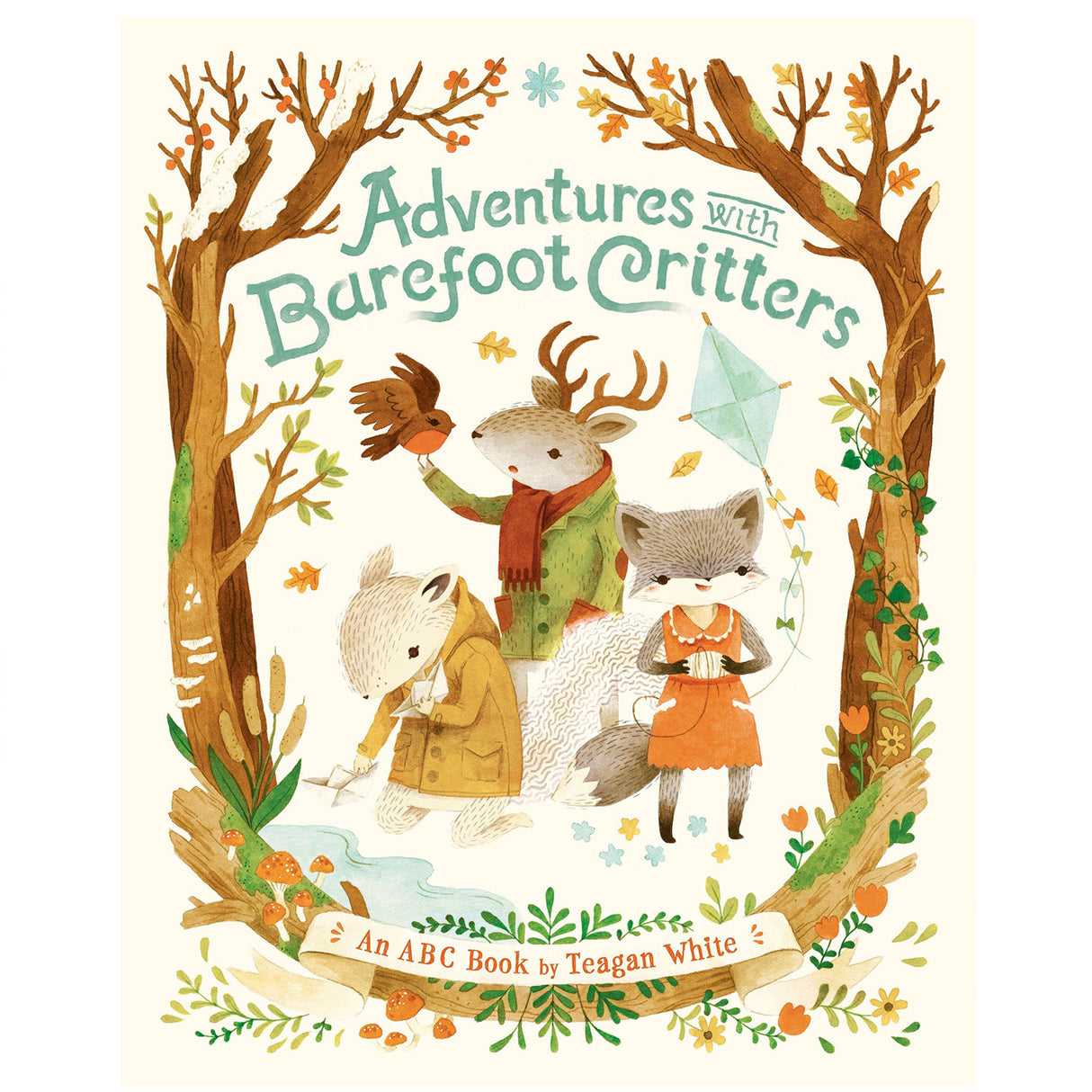 Adventures With Barefoot Critters ABC features woodland animals exploring nature, illustrated in a warm, nostalgic style.
