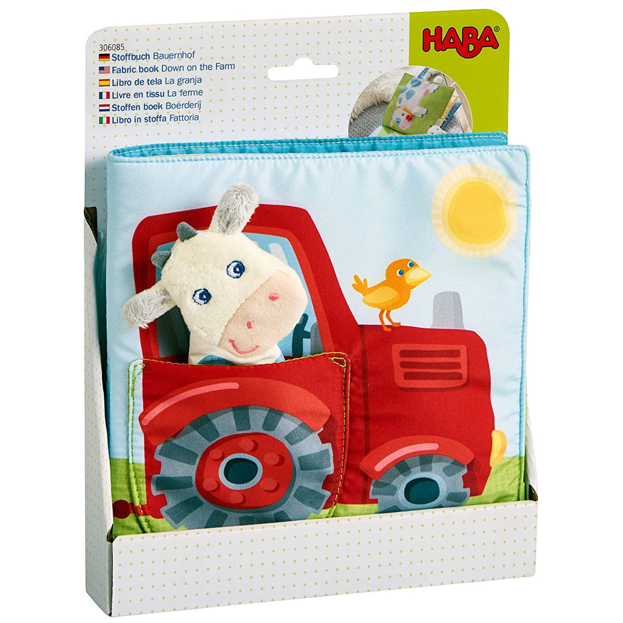 Down on the Farm Soft Book with Cow Puppet featuring a plush cow and colorful farm tractor design for kids.