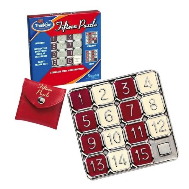 Fifteen Puzzle brainteaser with numbered sliding tiles, stainless steel design, and red travel case for ages 8 and up.
