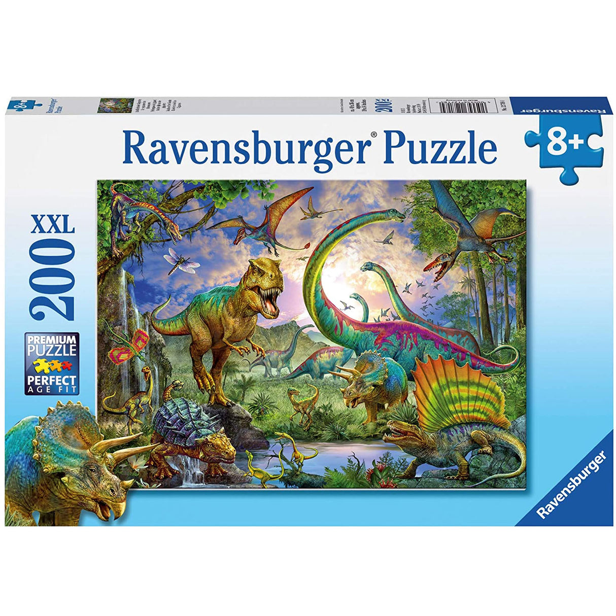 200pc Realm of the Giants Puzzle featuring colorful dinosaur scene for children ages 8 and up.