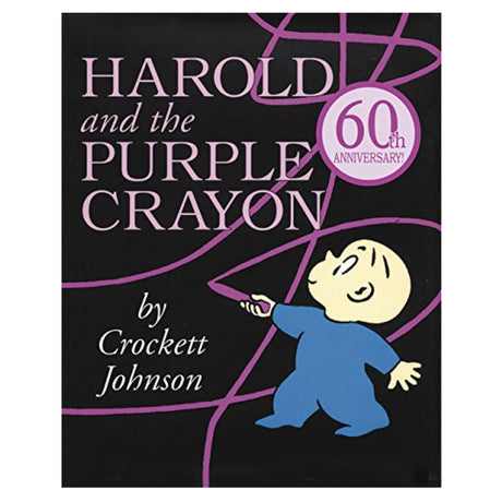 Harold and the Purple Crayon 60th anniversary cover showing Harold drawing purple lines with crayon on black background.