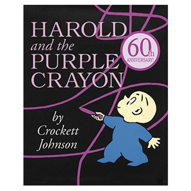 Harold and the Purple Crayon 60th anniversary cover showing Harold drawing purple lines with crayon on black background.