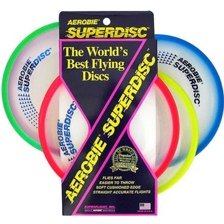 Aerobie Superdisc flying discs with spoiler rim and cushioned edge in assorted colors, easy to throw and catch.