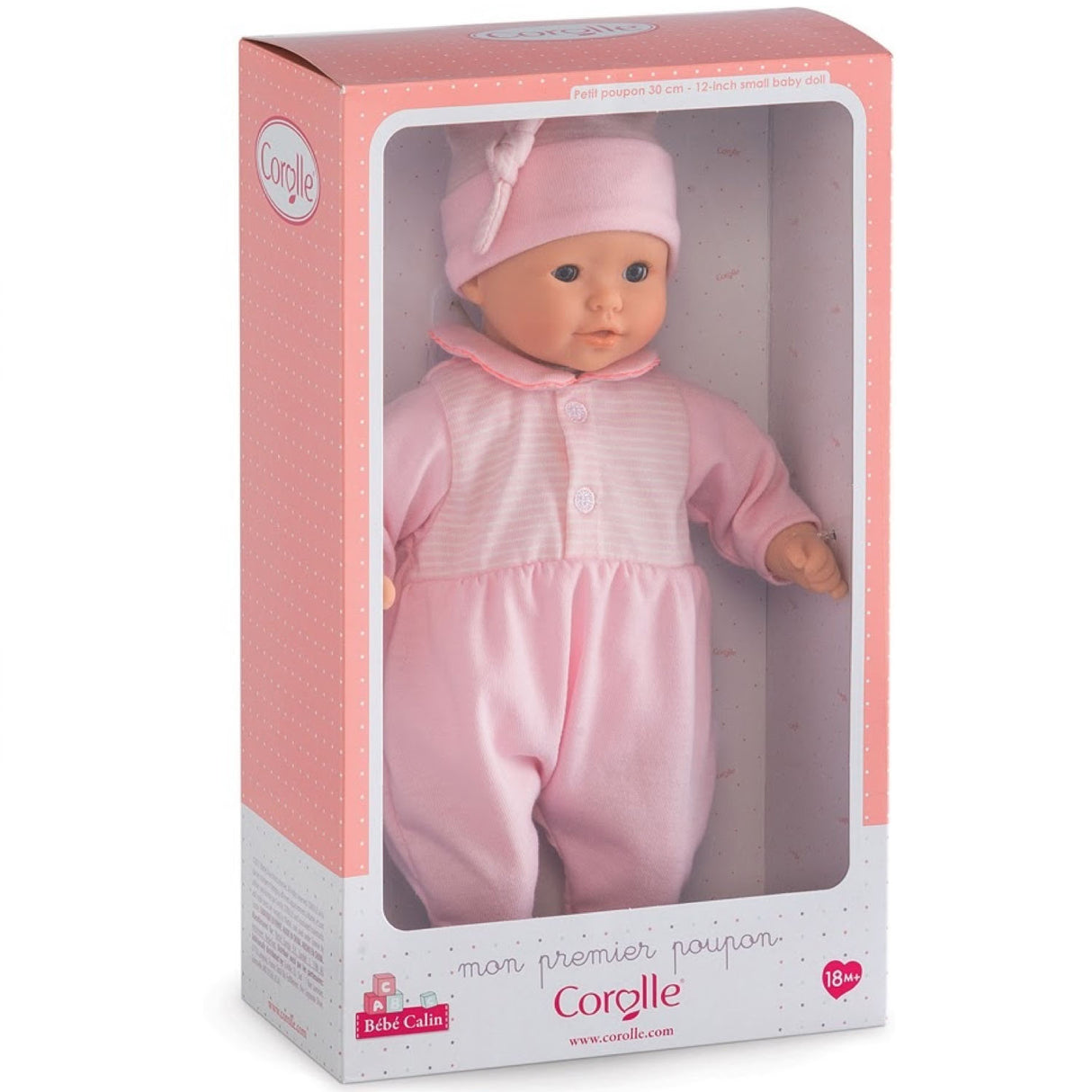 Mon Premier Bébé Calin Charming Pastel doll in pink pajamas and bonnet, perfect for cuddling and role play.