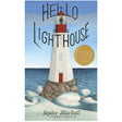 Cover of Hello Lighthouse book showing a white lighthouse on rocky shore with waves and a Caldecott Medal.