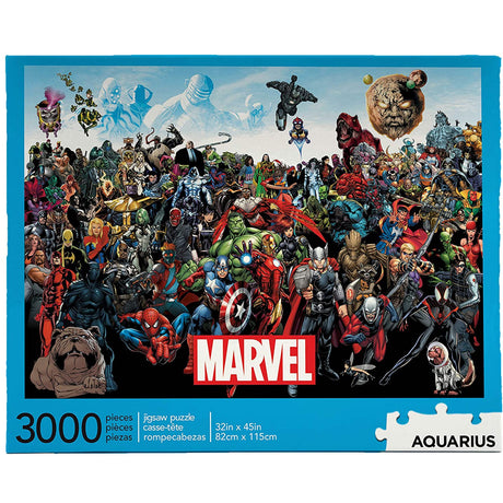 3000pc Marvel Cast Puzzle featuring iconic superheroes like Spider-Man, Hulk, Thor, and Iron Man in a vibrant scene.