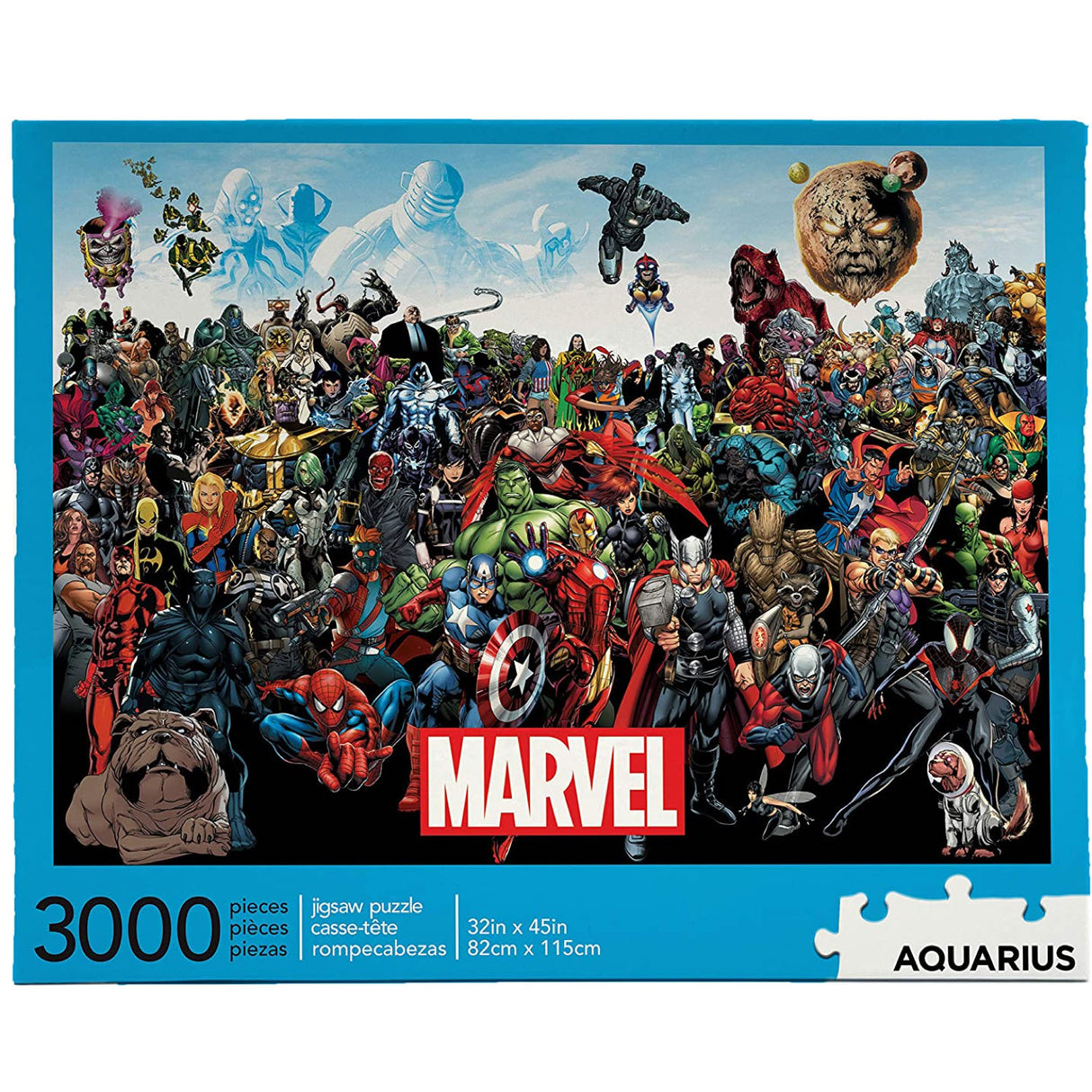 3000pc Marvel Cast Puzzle featuring iconic superheroes like Spider-Man, Hulk, Thor, and Iron Man in a vibrant scene.