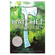 Cover of the book Hatchet by Gary Paulsen showing a large white hatchet against a green forest background.