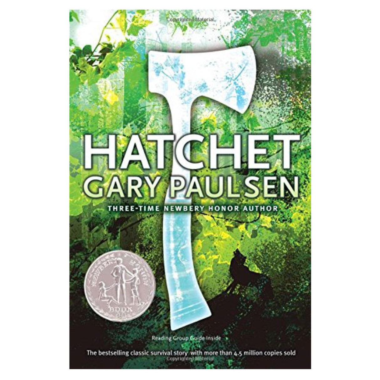 Cover of the book Hatchet by Gary Paulsen showing a large white hatchet against a green forest background.