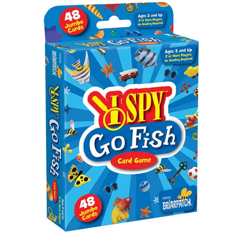 I Spy Go Fish! Card Game box with colorful illustrations and 48 jumbo cards for ages 3 and up, 2+ players.